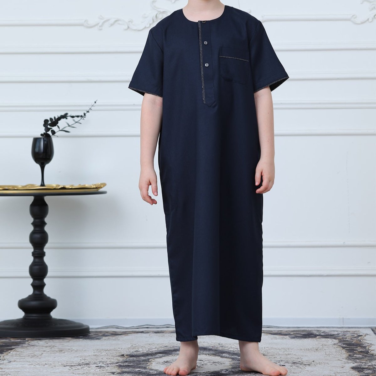Boys Navy Short Sleeve Thobe with Chest Pocket (MKB022) - Mariam's Collection