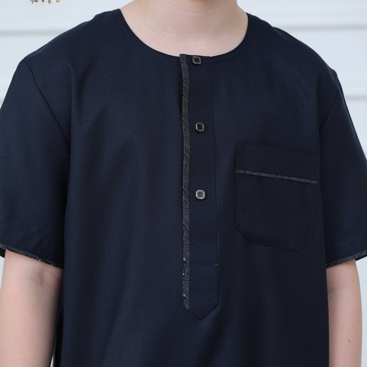 Boys Navy Short Sleeve Thobe with Chest Pocket (MKB022) - Mariam's Collection