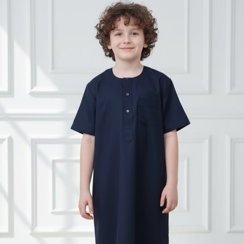 Boys Navy Short Sleeve Thobe with Chest Pocket (MKB022) - Mariam's Collection