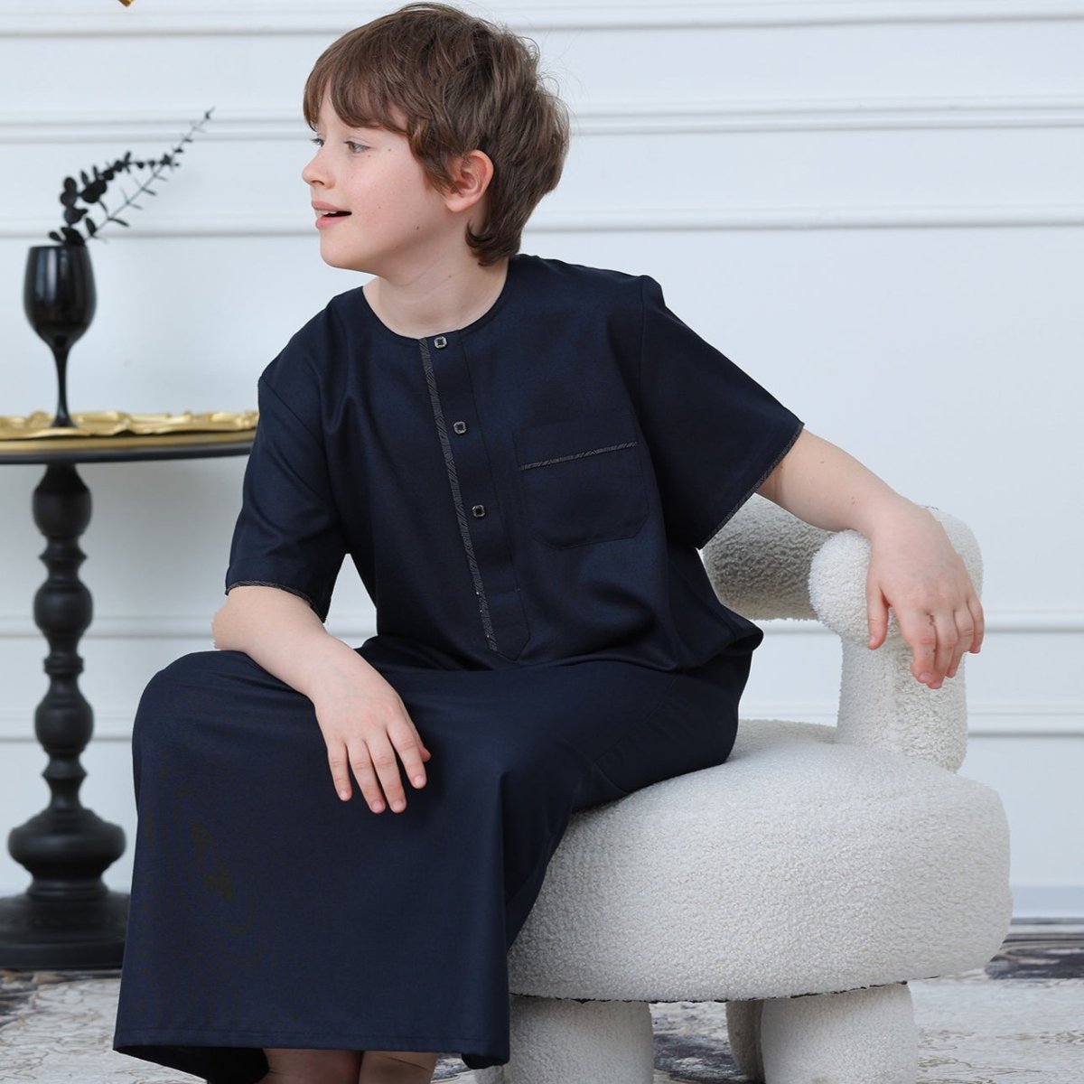 Boys Navy Short Sleeve Thobe with Chest Pocket (MKB022) - Mariam's Collection