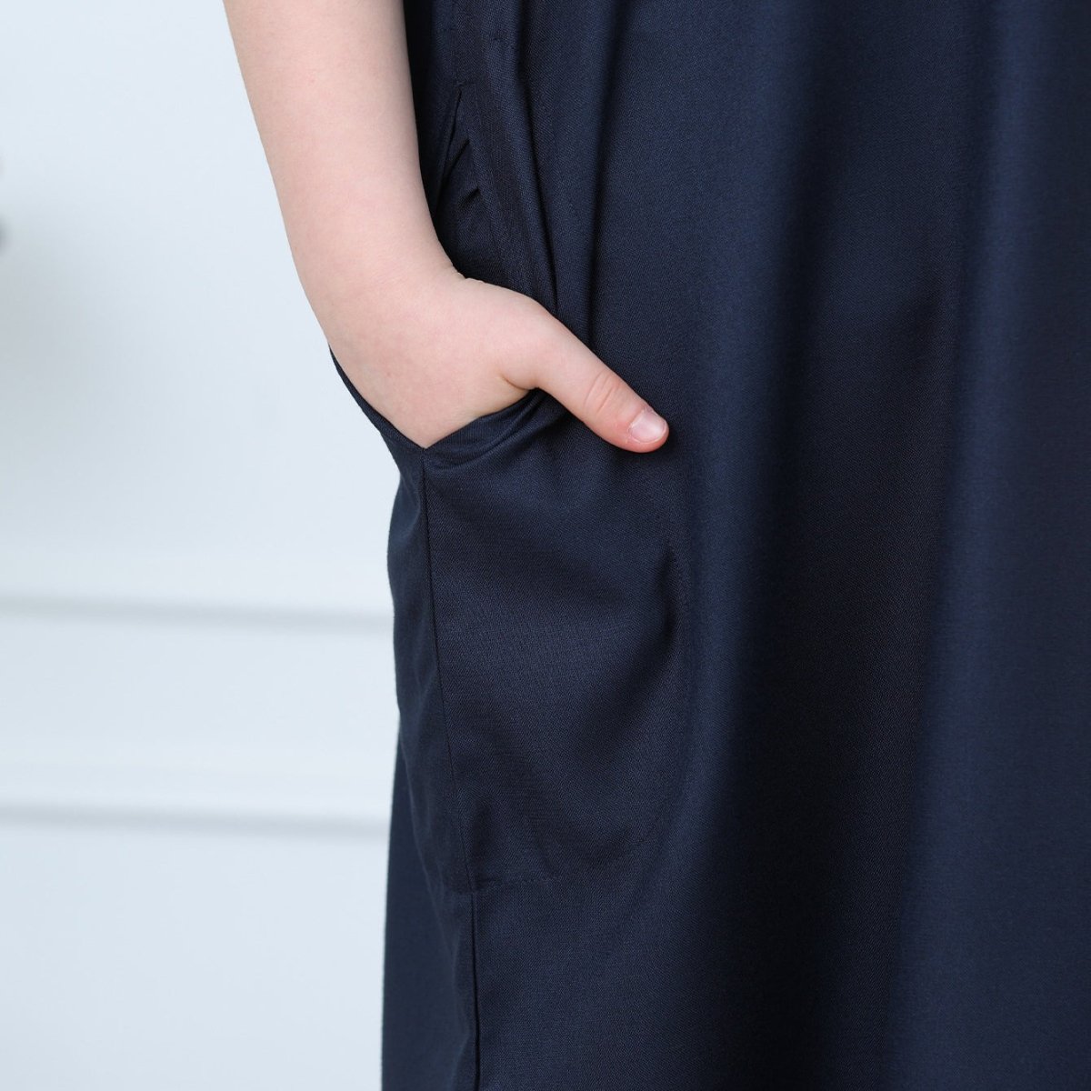 Boys Navy Short Sleeve Thobe with Chest Pocket (MKB022) - Mariam's Collection