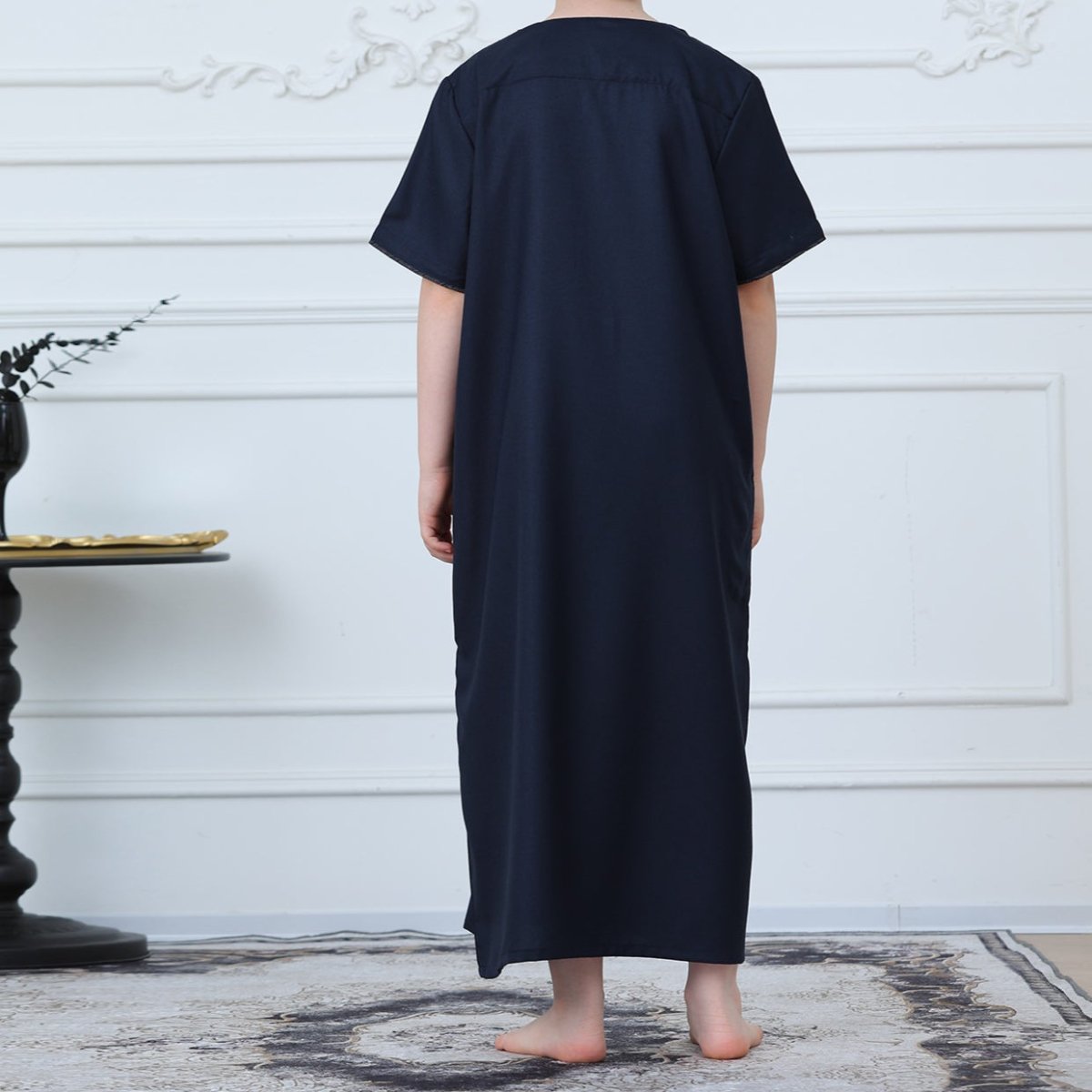 Boys Navy Short Sleeve Thobe with Chest Pocket (MKB022) - Mariam's Collection