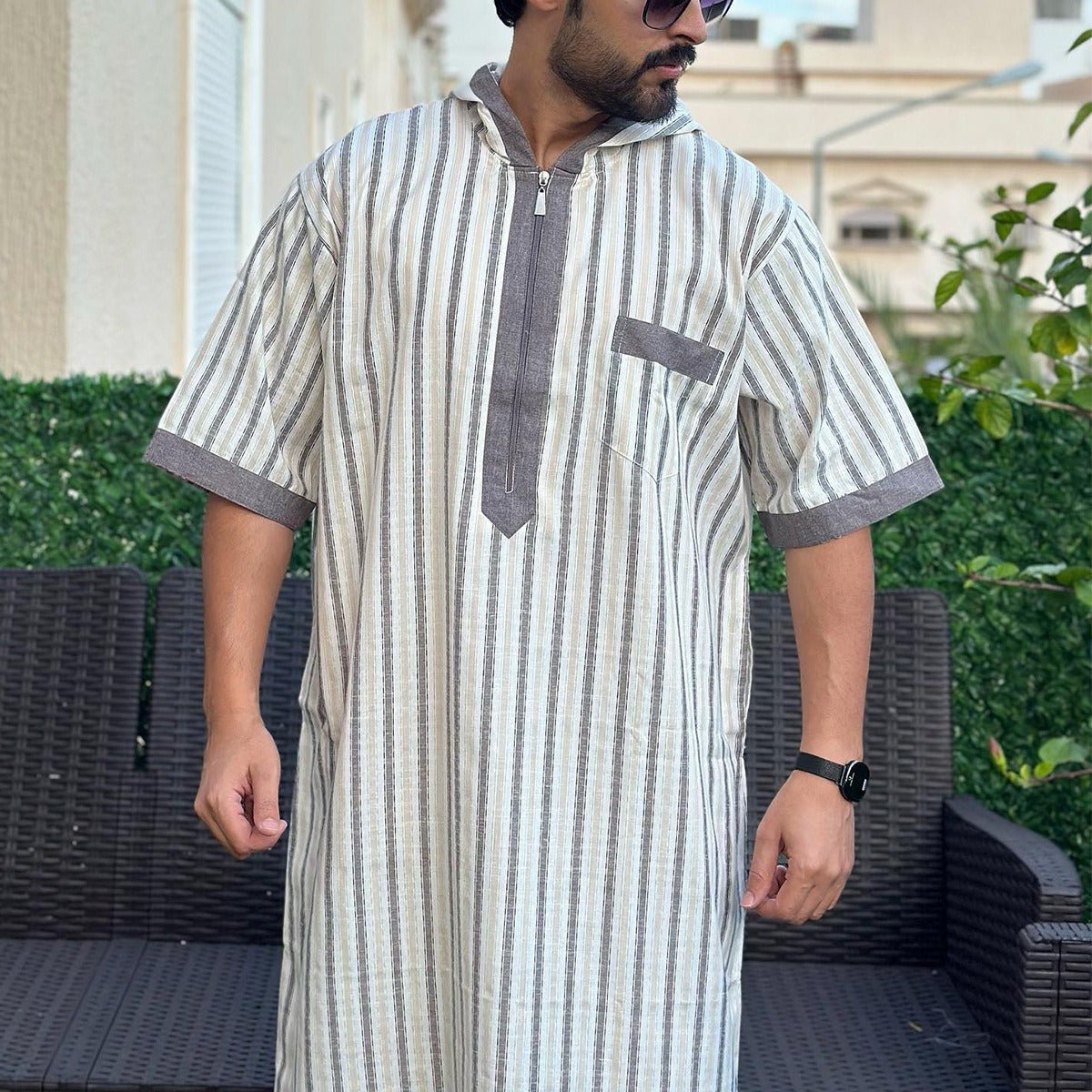 Breathable 3D Digital Print Striped Thobe Men's Loose Fit Short