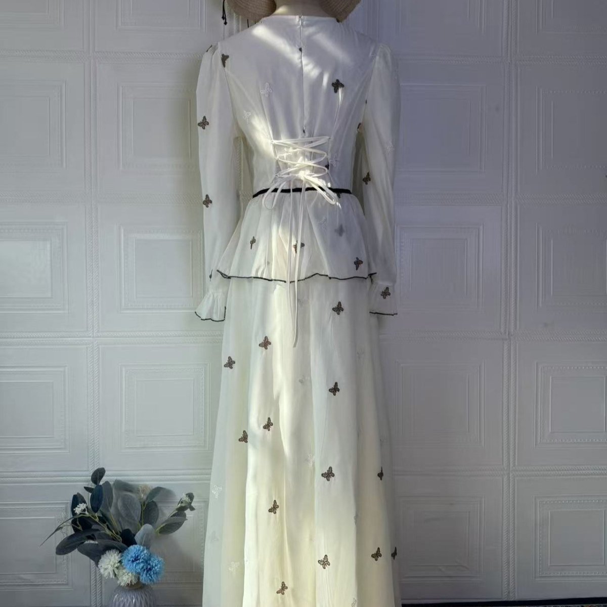 Butterfly Embroidered Maxi Dress | Long Sleeve Peplum Waist Dress(MS274) - Mariam's Collection