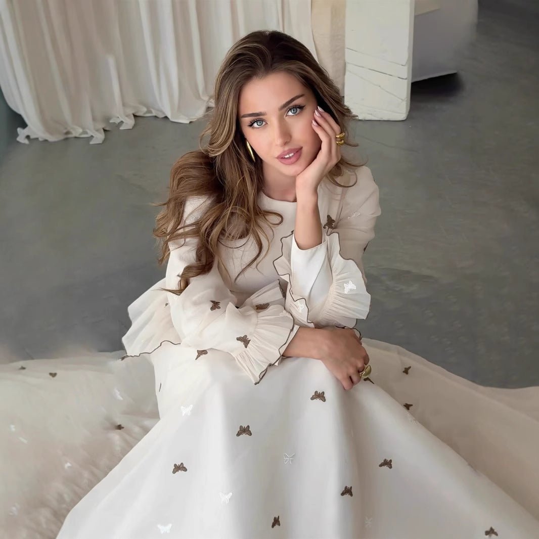 Butterfly Embroidered Maxi Dress | Long Sleeve Peplum Waist Dress(MS274) - Mariam's Collection