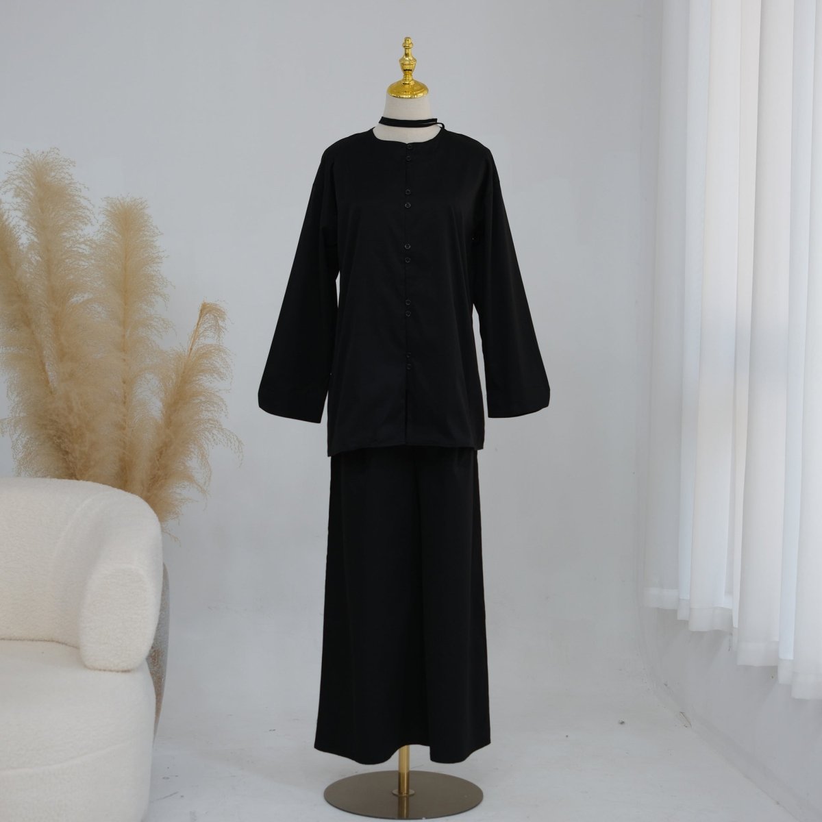 Relaxed full-length outfit view of wide-leg trouser modest co-ord