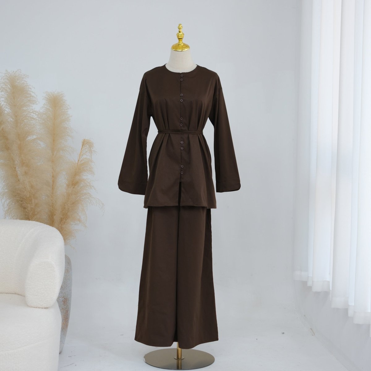 Smart casual wide-leg trouser set styled for everyday modest wear