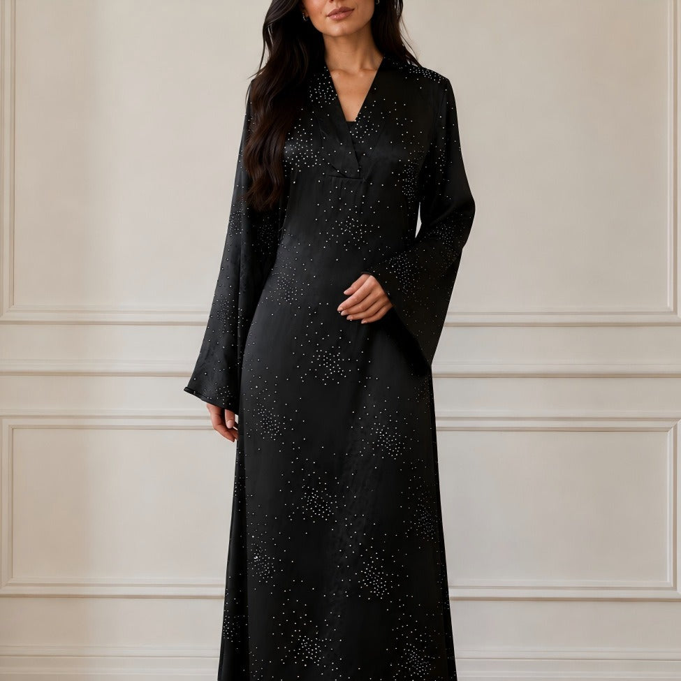 Galaxy Rhinestone V-Neck Flared Sleeve Maxi Dress(MS518)