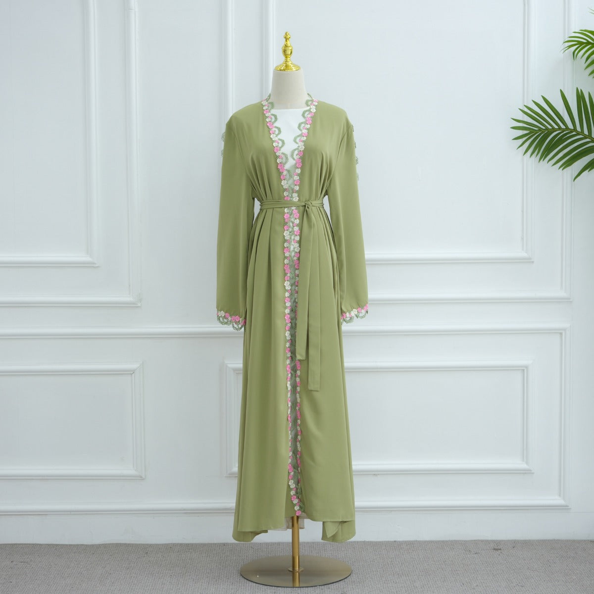 Muslim Women's Luxury Floral Embroidered Cardigan | Olive Green Modest Cover-Up with Pink/White Blossoms (MOA197)