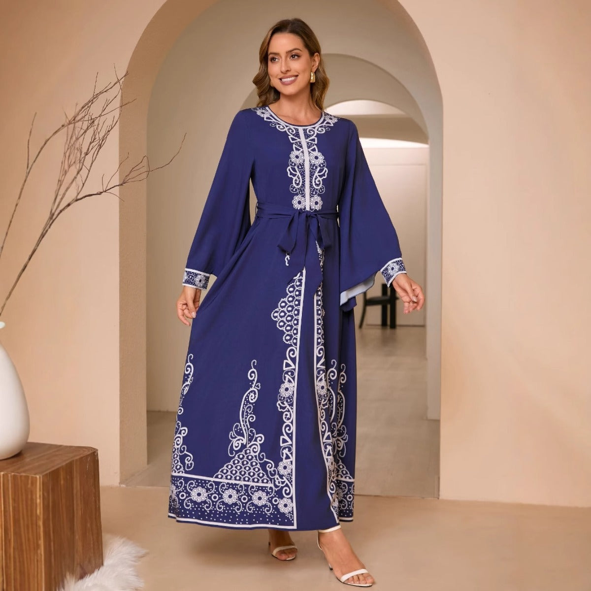 Navy Blue Digital Print Flared Sleeve Dress - Modest Elegant Robe with Lace-Up Detail & Embroidery(MA284)