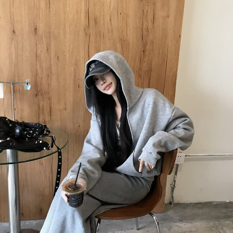 Casual Grey Zip-Up Hoodie & High Waist Drawstring A-Line Skirt Set(MS130)