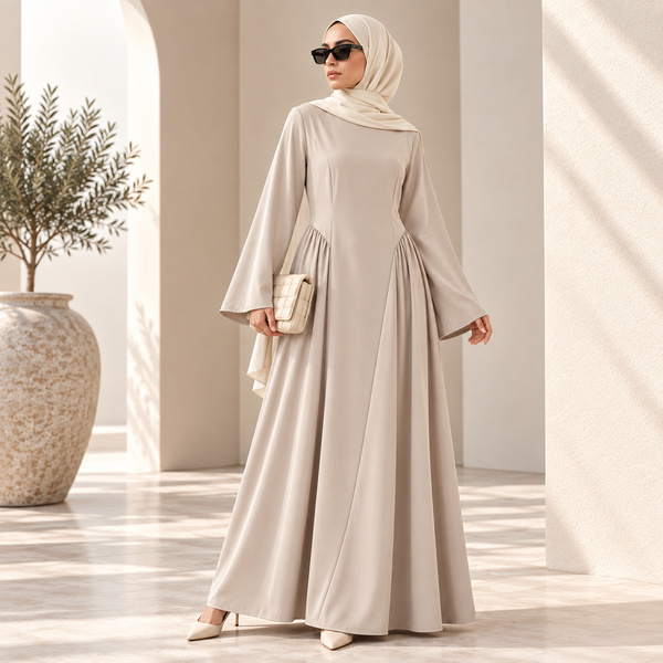 Nida Flared Maxi Dress mit plissiertem A-Linien-Rock & breiten Glockärmeln (MS435)