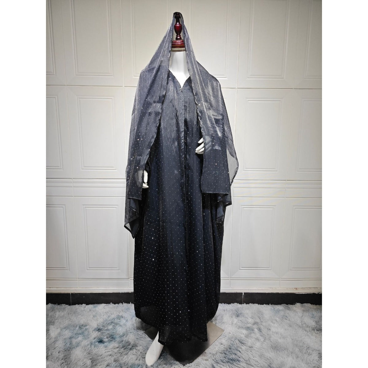 Luxury Muslim Starlight Evening Wear Abaya Set | Midnight Blue Diamond-Embellished Robe Jacket with Matching Hijab(MOA201)