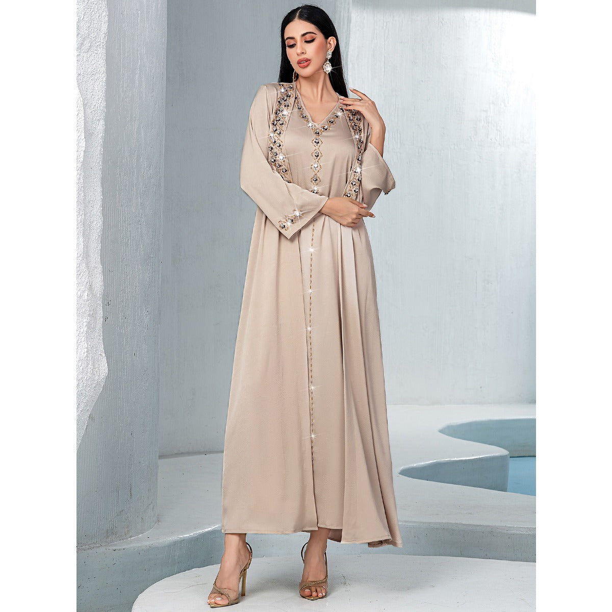 Luxury Muslim Kaftan Set Evening Wear | Beige Hand-Sewn Diamond Two-Piece Dress with Bell Sleeves(MOA202)
