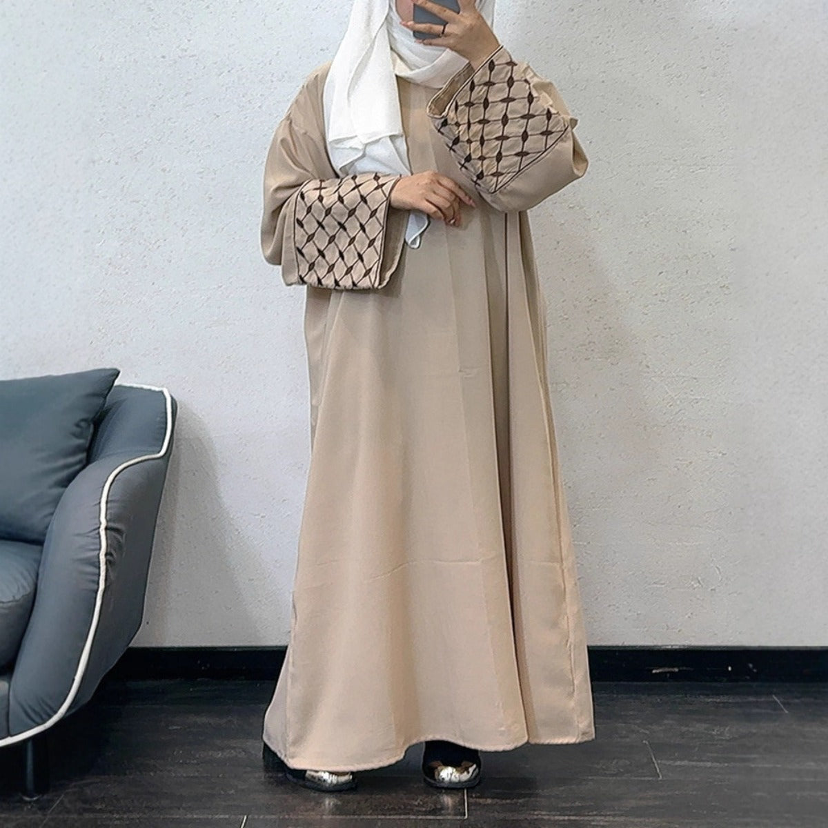 Embroidered Pattern Abaya Robe Dress - Modest Muslim Long Sleeve Maxi with Detachable Belt(MA272)