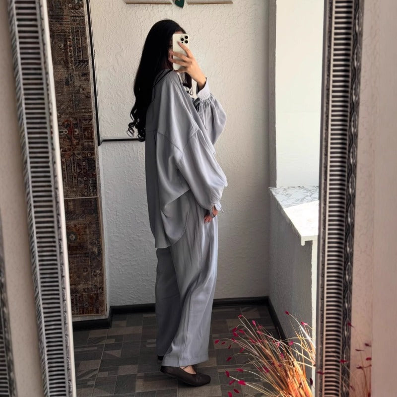 Autumn Winter Loose Fit Two-Piece Set | Stand Collar Shirt & Wide Leg Pants(MS128)