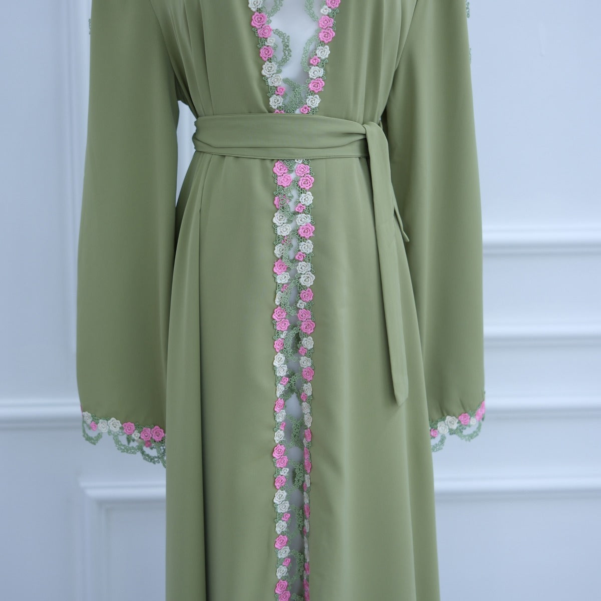 Muslim Women's Luxury Floral Embroidered Cardigan | Olive Green Modest Cover-Up with Pink/White Blossoms (MOA197)