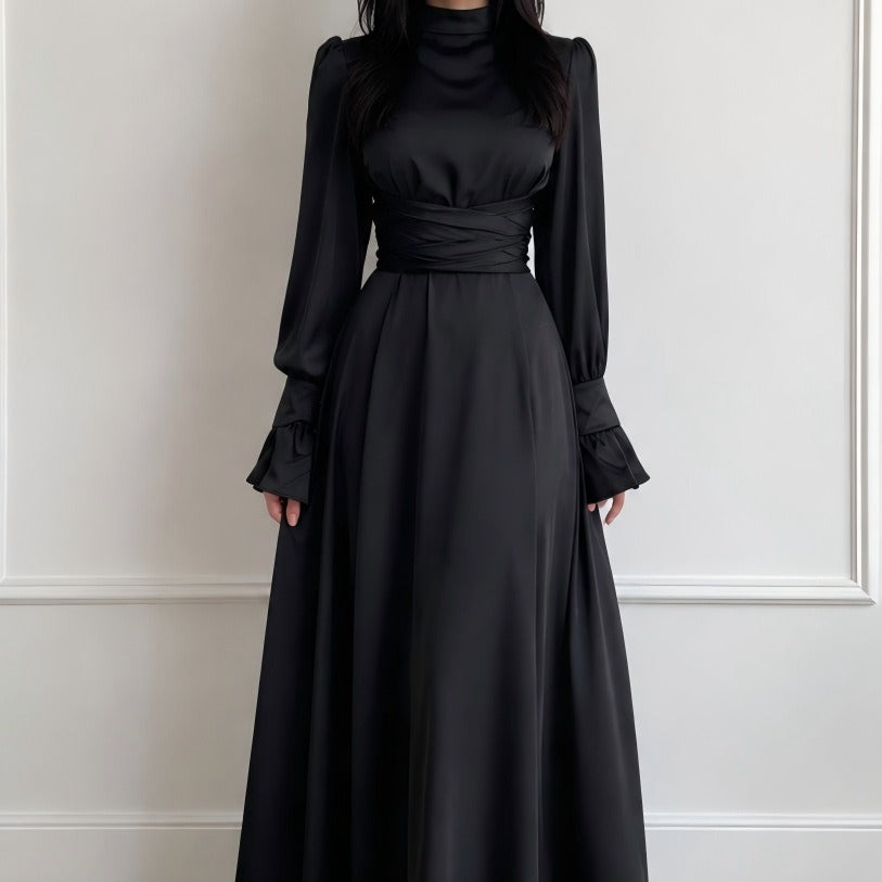 Satin Cross-Wrap Waist Maxi Dress(MS506)