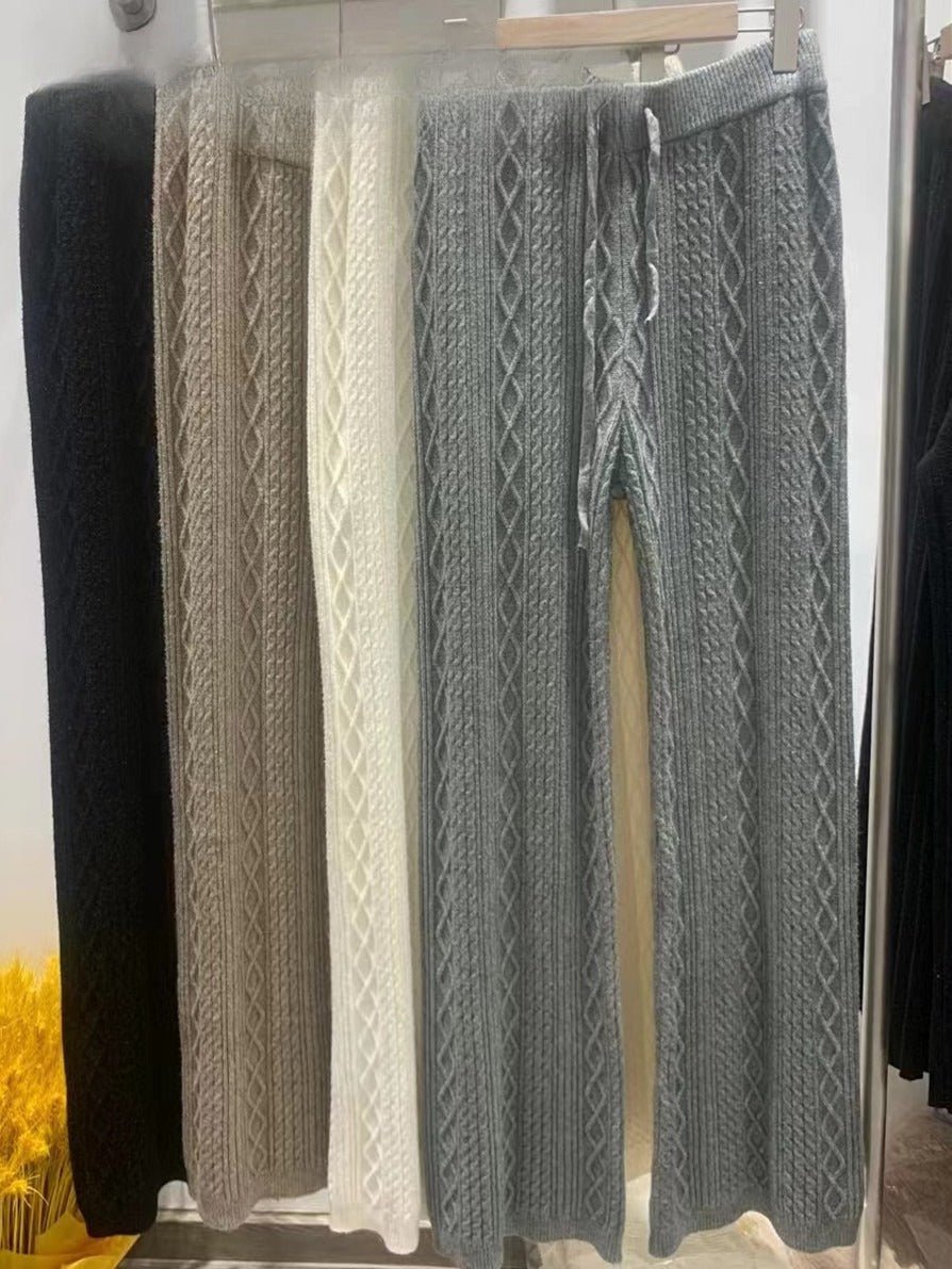Cable Knit Wide Leg Pants | High Waist Drawstring Lounge Pants(MS163)