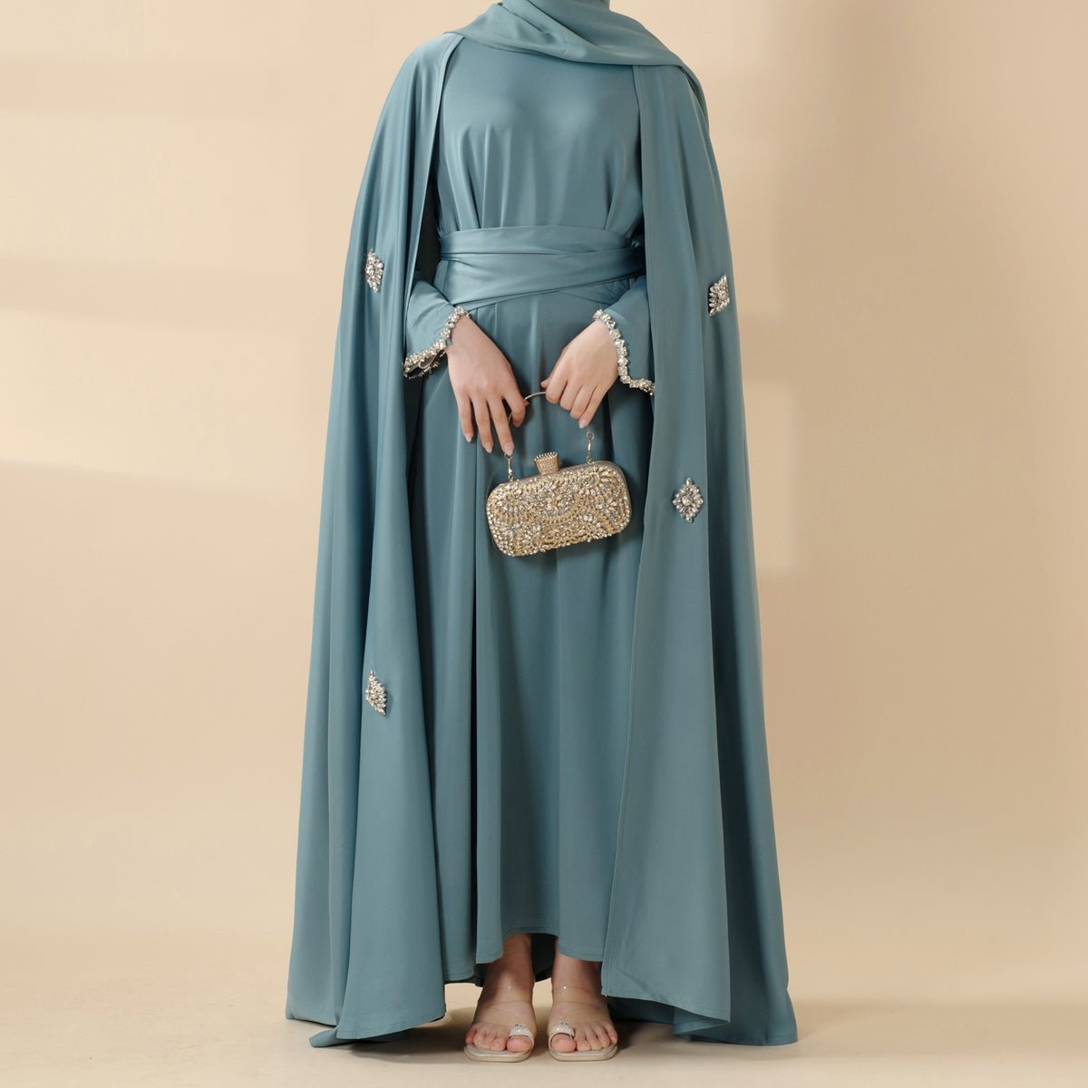 Cape Abaya, Haute Couture Heavy Rhinestone Abaya (MOA067) - Mariam's Collection