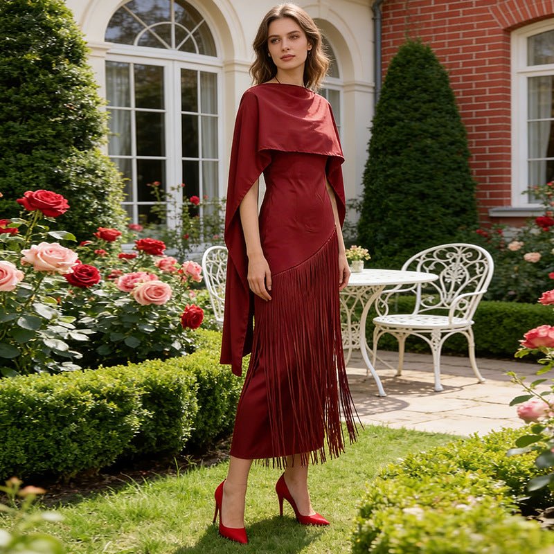 Cape Overlay Dress with Fringe Hem(MS363) - Mariam's Collection