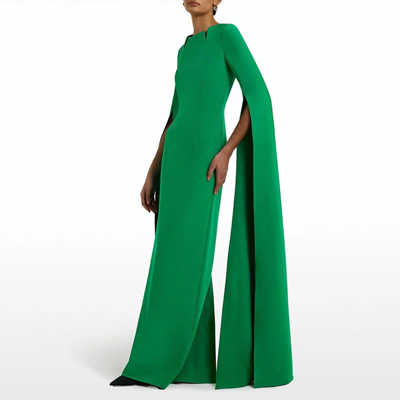 Cape Sleeve Evening Gown | Scalloped Neck Fitted Maxi Dress with Back Slit(MS217) - Mariam's Collection