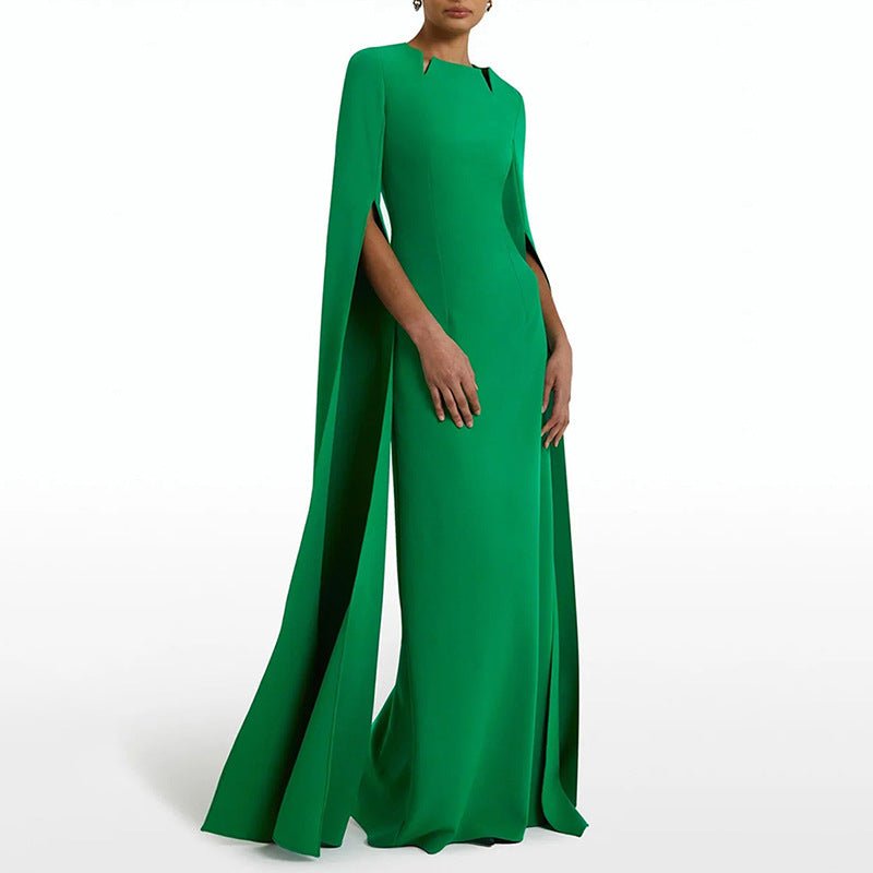Cape Sleeve Evening Gown | Scalloped Neck Fitted Maxi Dress with Back Slit(MS217) - Mariam's Collection