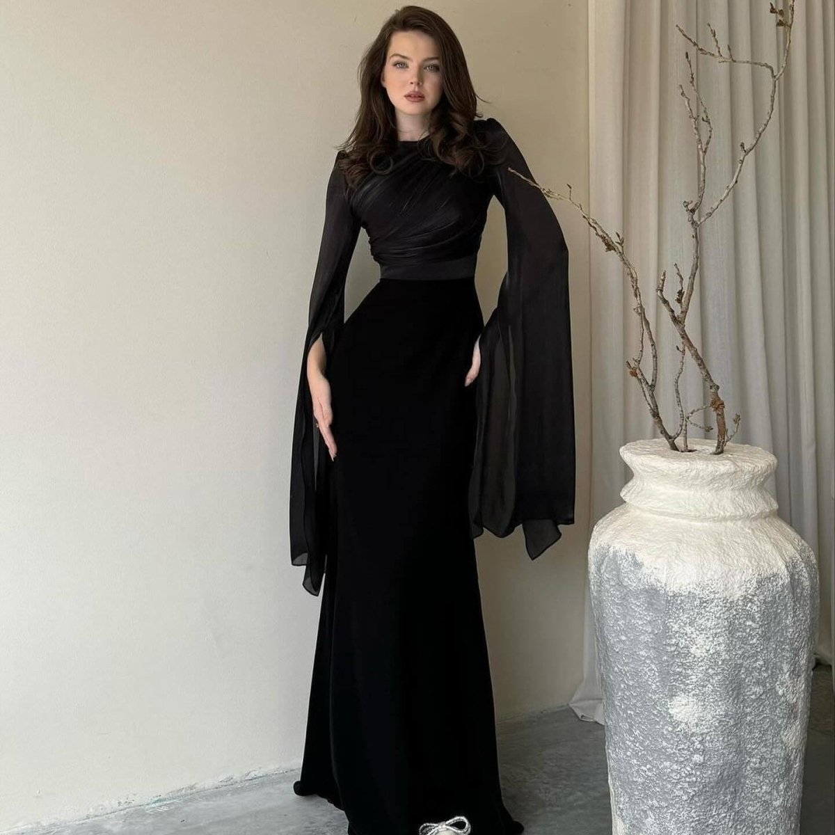 Cape Sleeve Gown with Tie - Back | Fitted Mermaid Maxi Dress(MS230) - Mariam's Collection