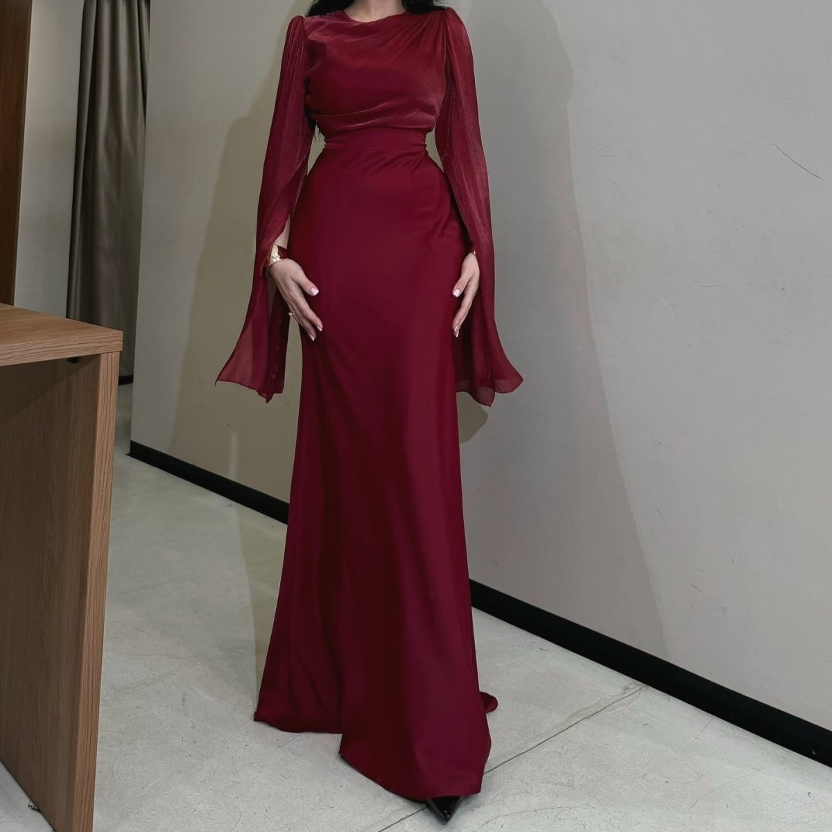 Cape Sleeve Gown with Tie - Back | Fitted Mermaid Maxi Dress(MS230) - Mariam's Collection