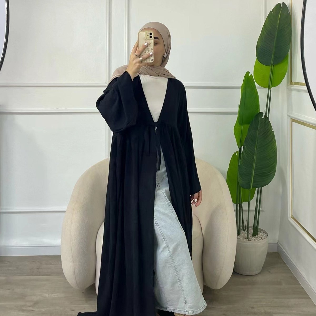 Casual Crepe Adjustable Lace - up Open Abaya (MOA134) - Mariam's Collection