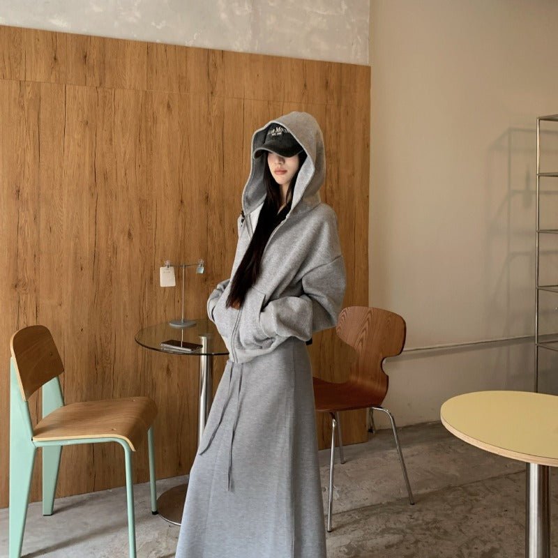 Casual Grey Zip-Up Hoodie & High Waist Drawstring A-Line Skirt Set(MS1