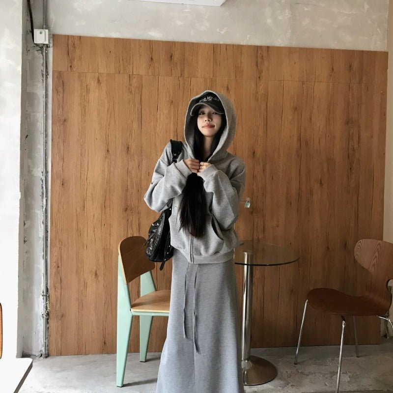 Casual Grey Zip-Up Hoodie & High Waist Drawstring A-Line Skirt Set(MS1