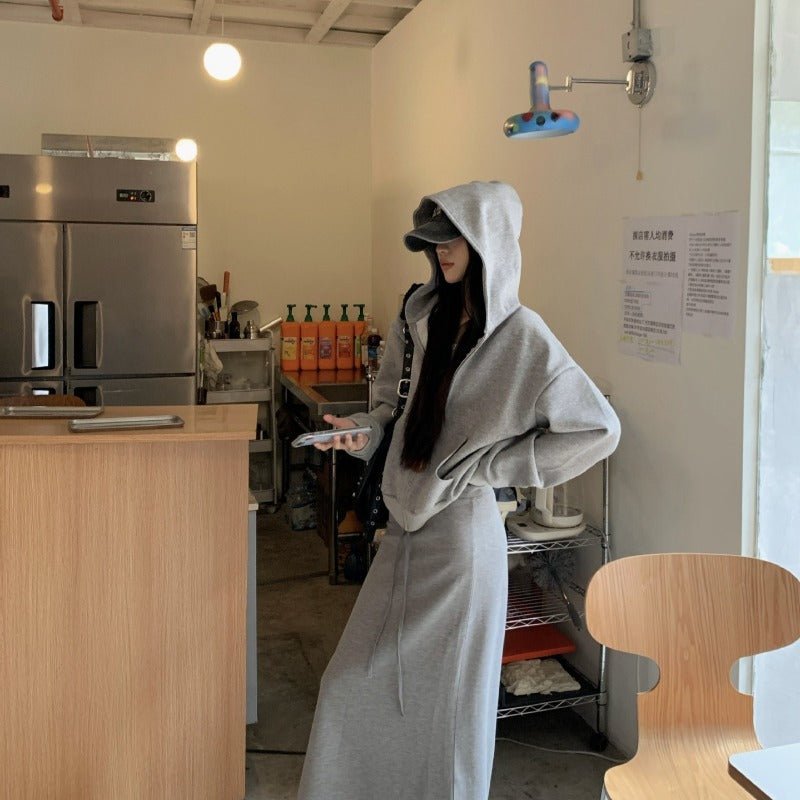 Casual Grey Zip-Up Hoodie & High Waist Drawstring A-Line Skirt Set(MS1