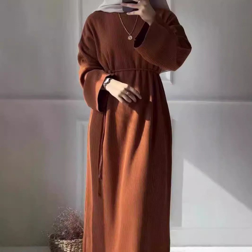 Casual Knitted Modest Dress with Flared Sleeves - Muslim-Friendly Crew Neck Pullover Maxi Dress with Belt(MS104) - Mariam's Collection
