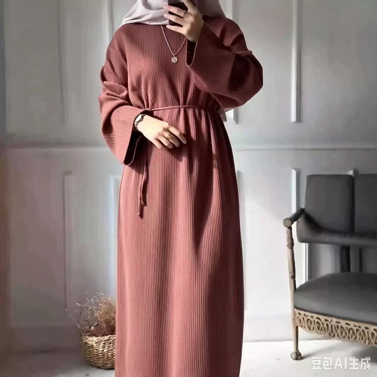 Casual Knitted Modest Dress with Flared Sleeves - Muslim-Friendly Crew Neck Pullover Maxi Dress with Belt(MS104) - Mariam's Collection