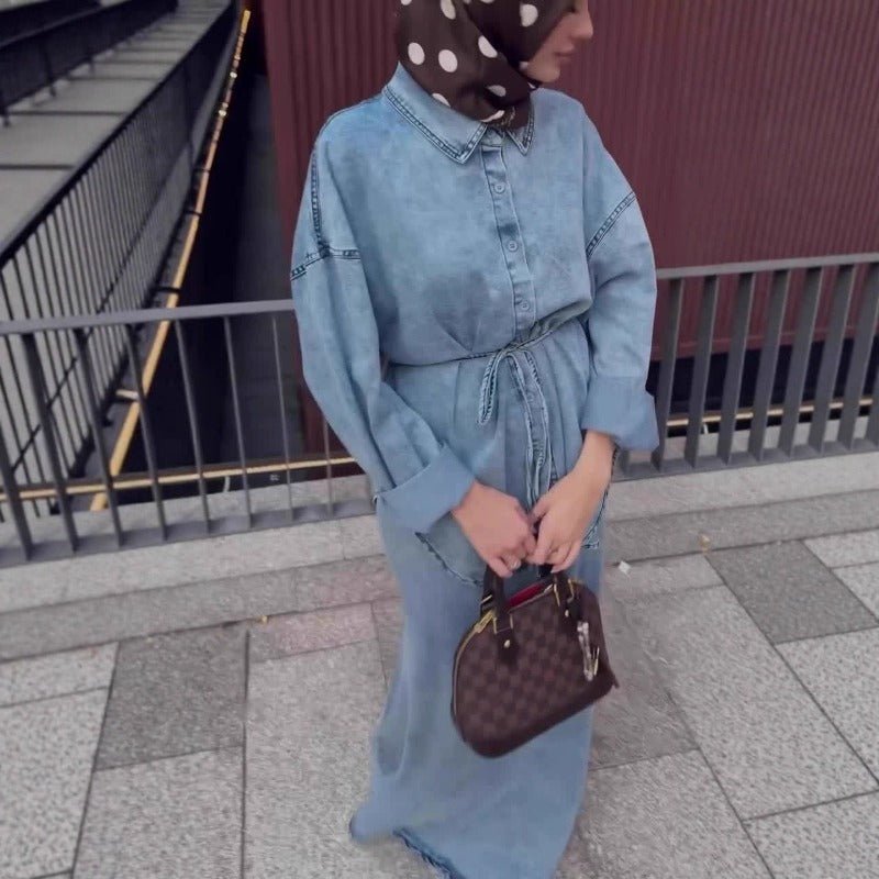 Casual Loose Denim Shirt & Skirt Set | Professional Commuter Two - Piece Outfit(MS132) - Mariam's Collection