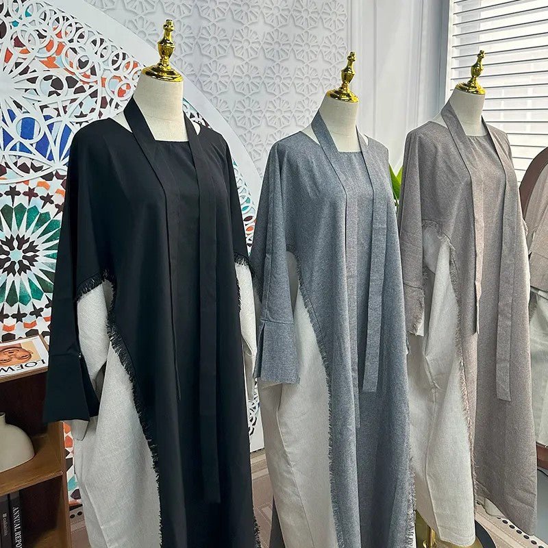 Casual Two Toned Patchwork Frayed Abaya (MA114) - Mariam's Collection