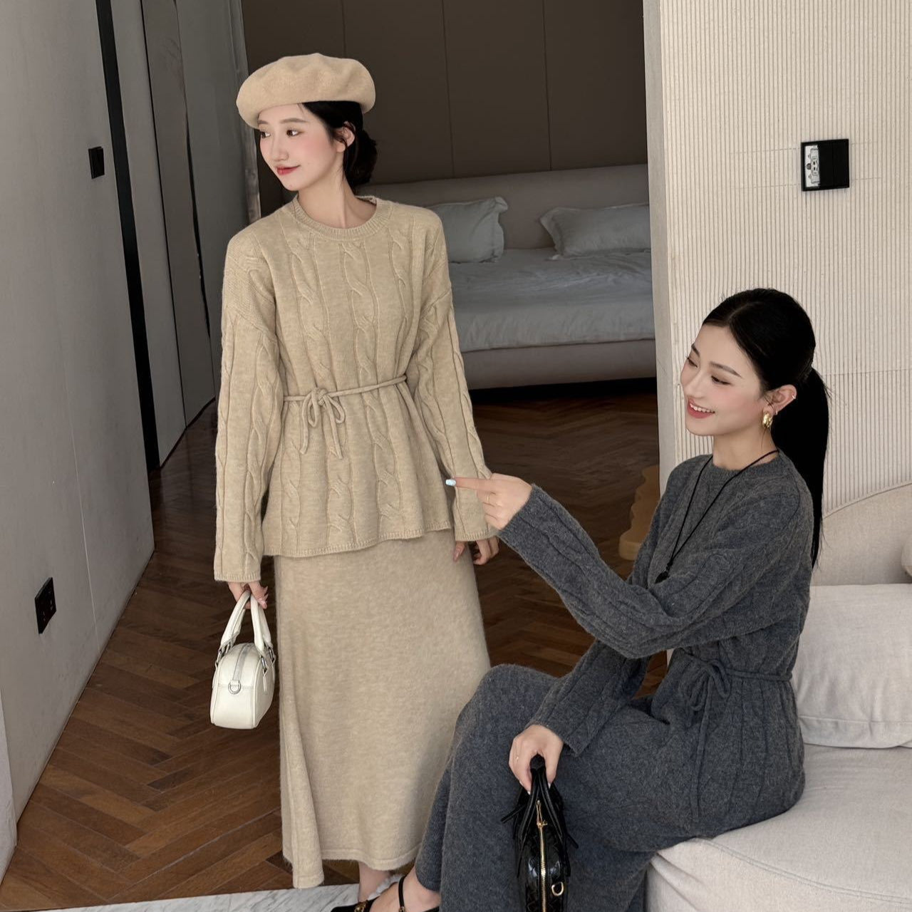 Autumn Winter Cable Knit Two-Piece Set | Round Neck Tie-Waist Sweater & Loose Skirt(MS133)