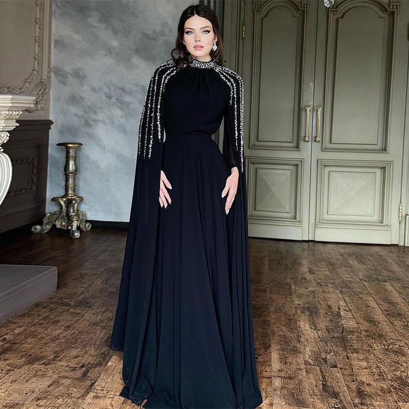 Luxury Rhinestone Embellished Abaya | Flowing Raglan Sleeve Dress with Cinched Waist(MA299)