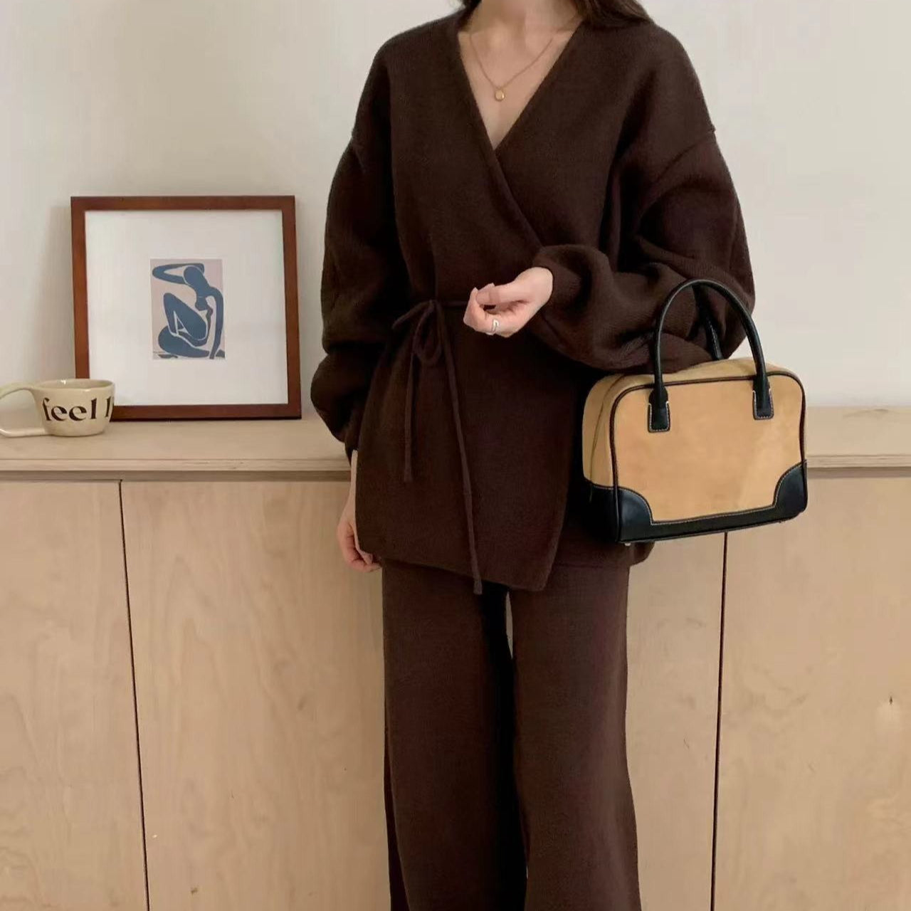 Ribbed Knit Wrap Top & Wide-Leg Trouser Two-Piece Set(MS531)