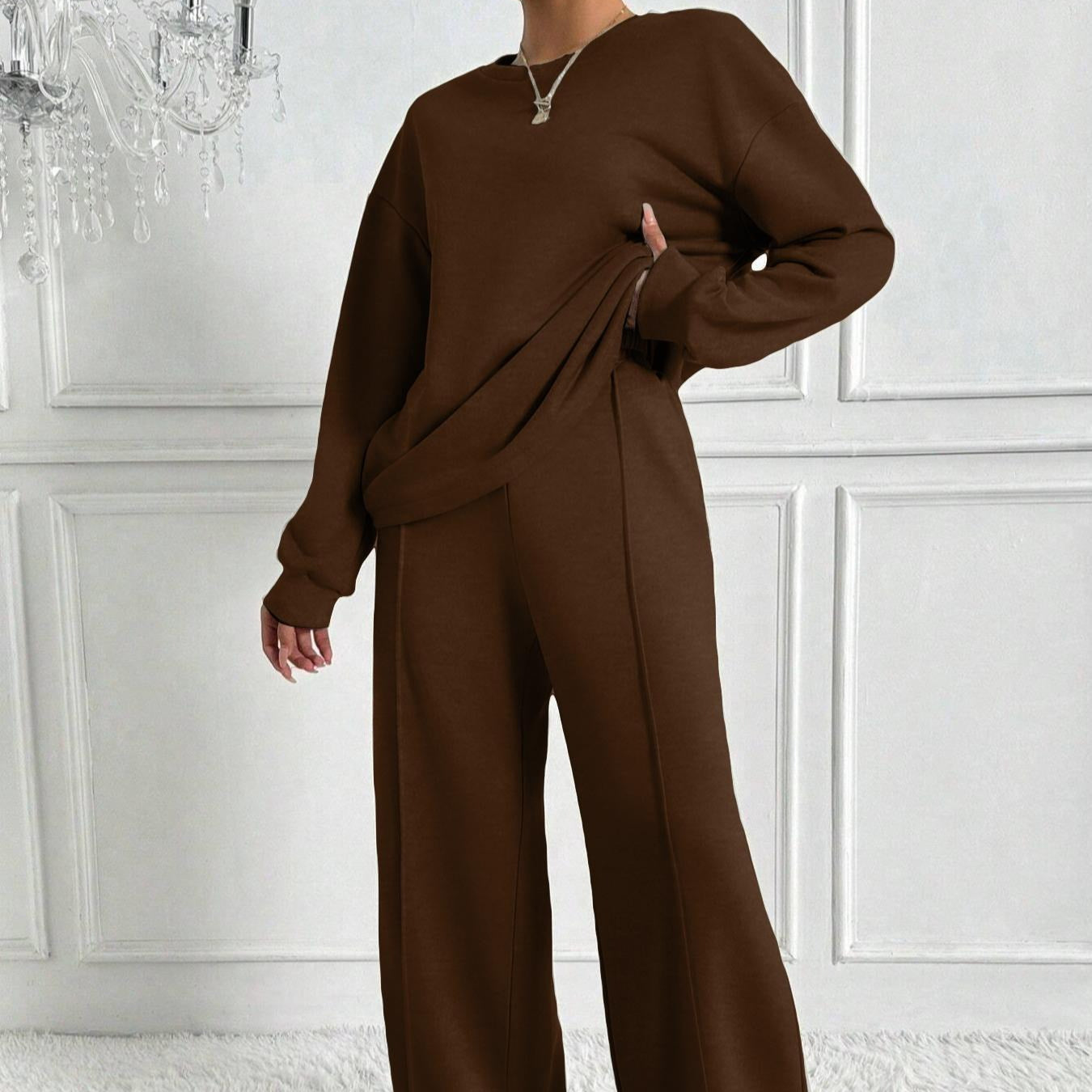 Drop Shoulder Sweatshirt & Wide-Leg Trouser Co-ord Set(MS528)