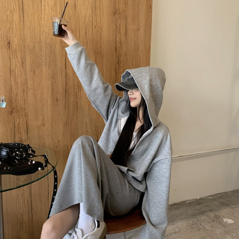 Casual Grey Zip-Up Hoodie & High Waist Drawstring A-Line Skirt Set(MS130)