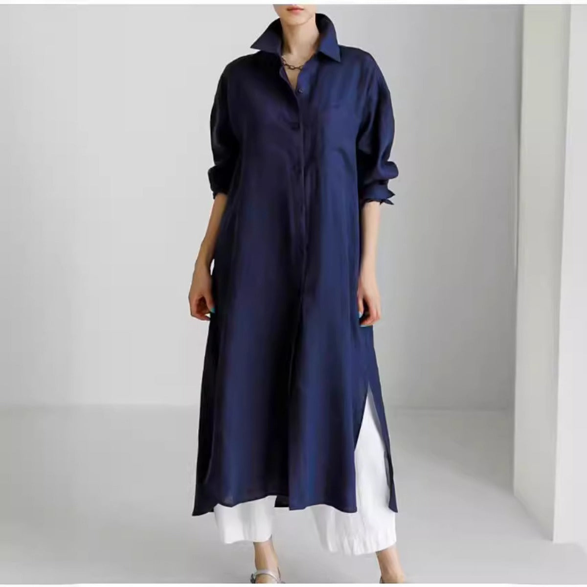 Muslim Casual Elegance Linen-Blend Shirt Dress | Modest Maxi with Button Front & Side Slits. (MS096)