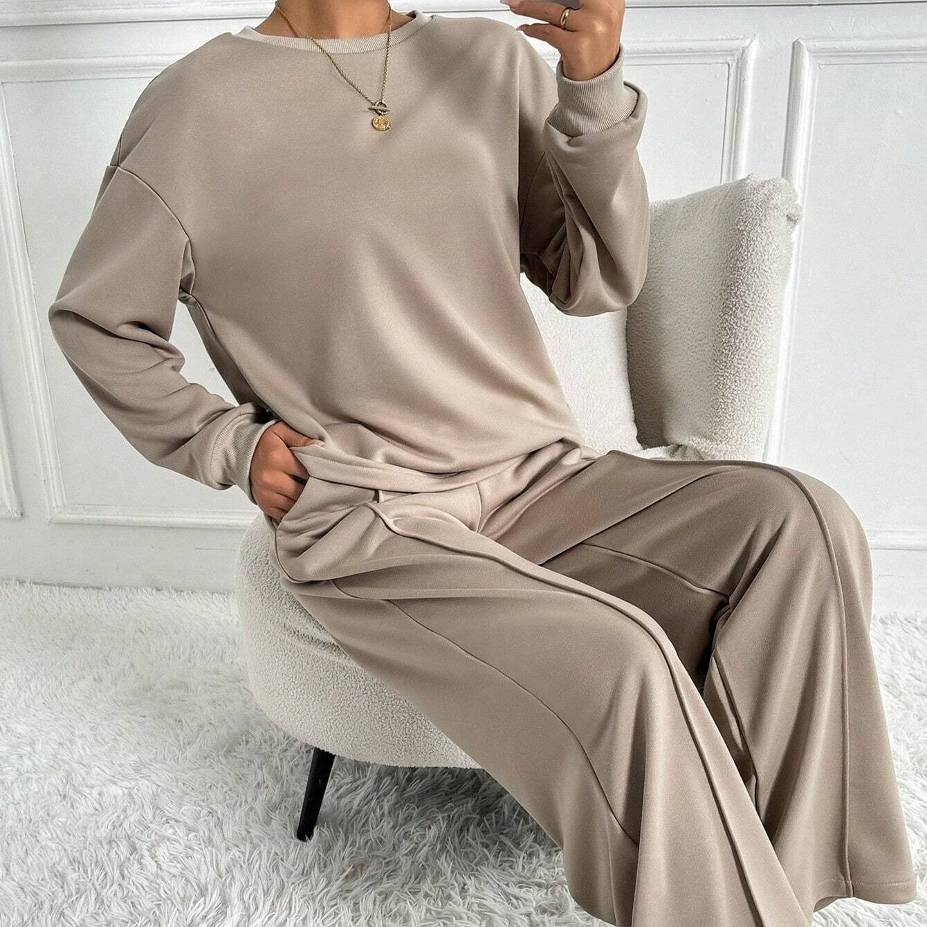 Drop Shoulder Sweatshirt & Wide-Leg Trouser Co-ord Set(MS528)