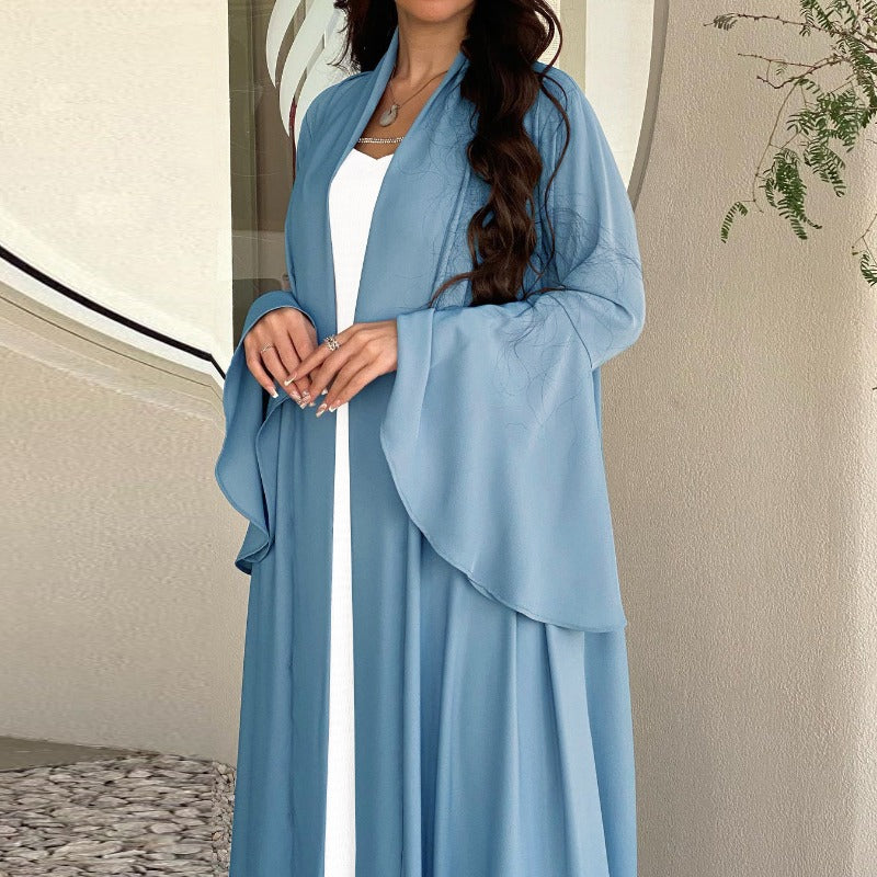 Lotus Leaf Sleeve Solid Soft Satin Open Front Abaya Dress | Lightweight Modest Abaya Cover(MOA220)