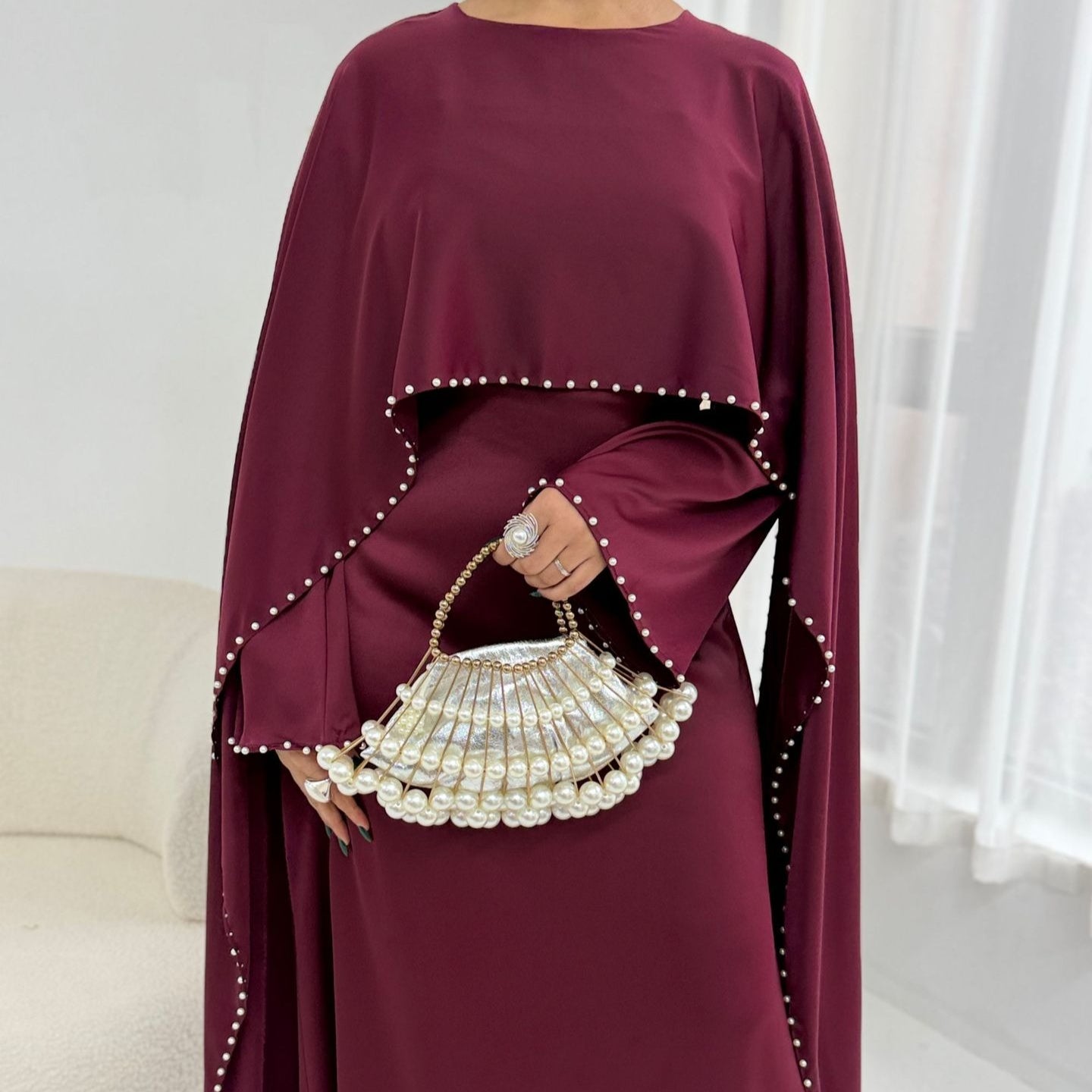 Pearl Embellished Kaftan Abaya | Luxury Cape Sleeve Maxi Dress(MA382)