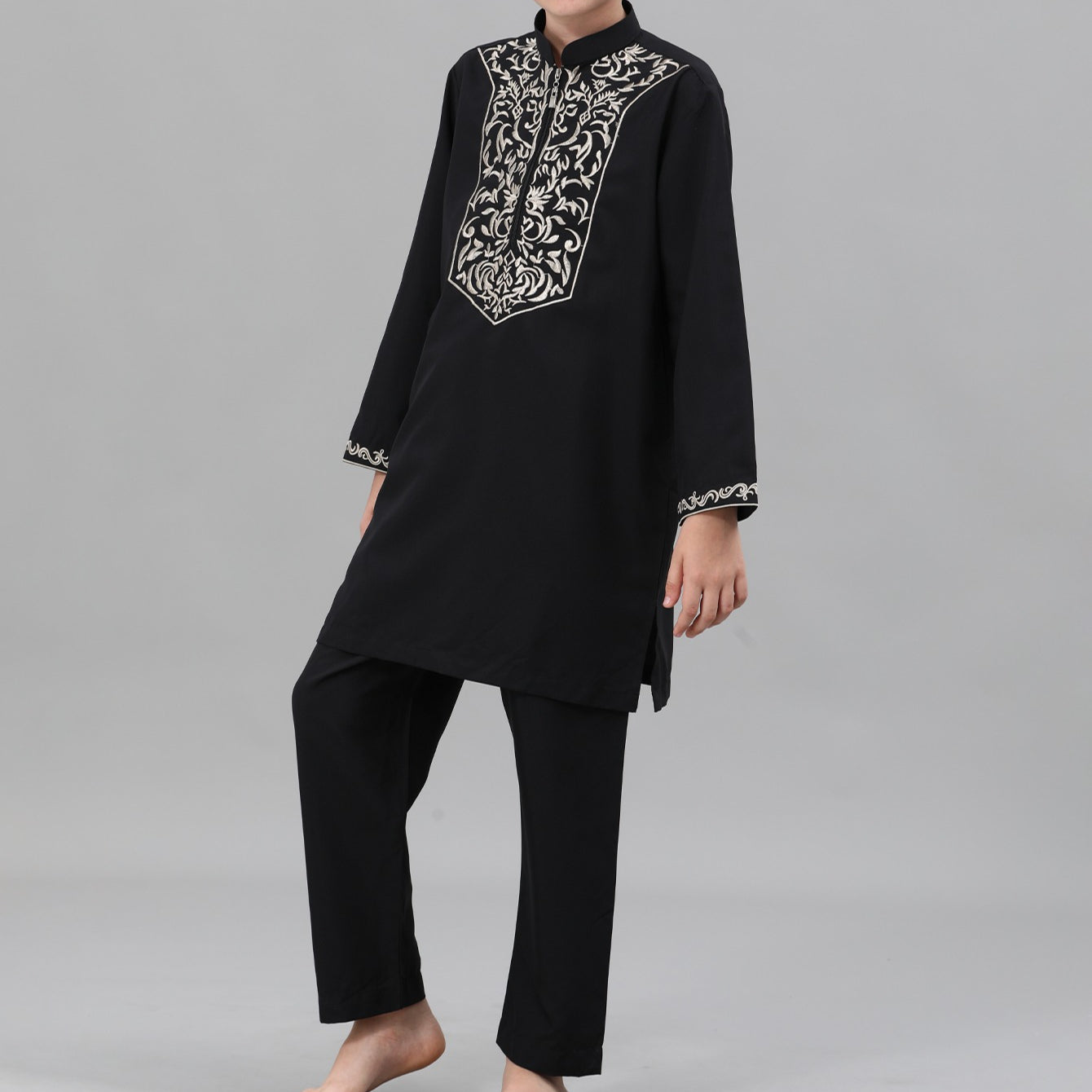 Boys Black Embroidered Tunic & Pants Set(MKB021)