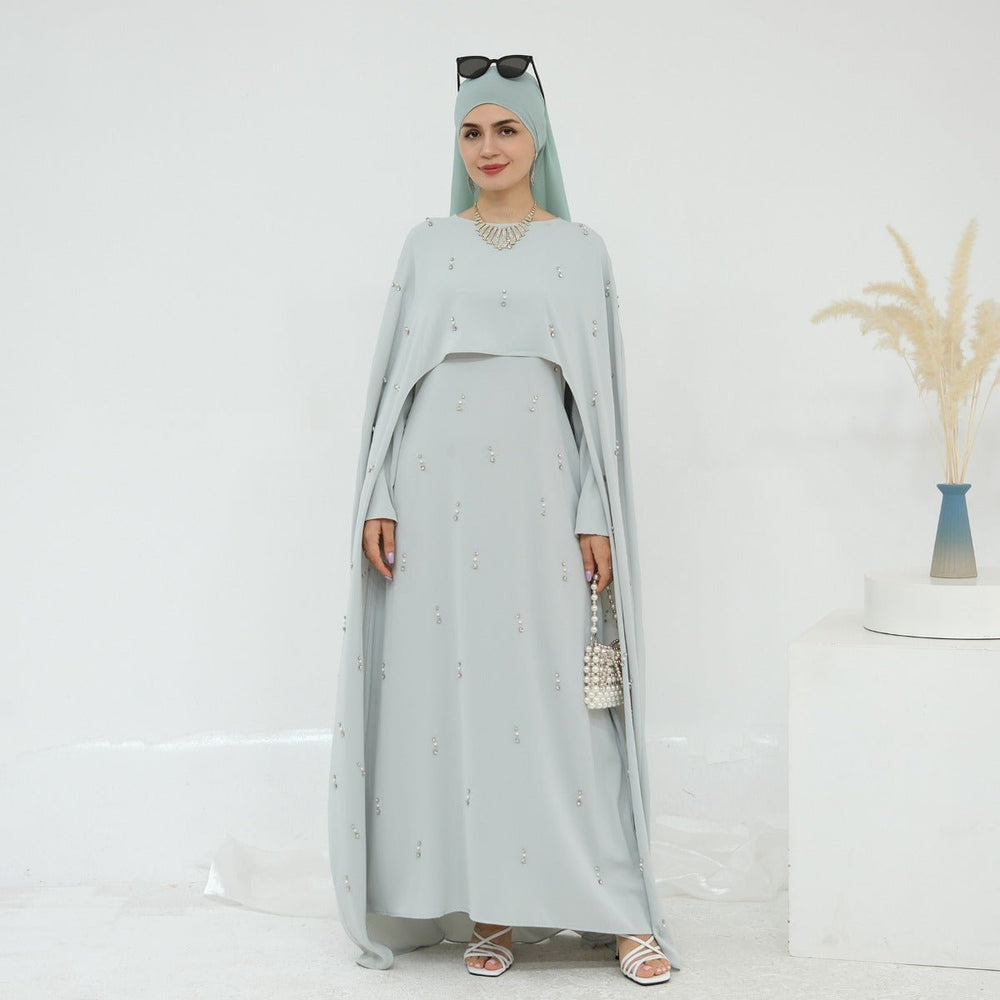 Elegant Long Chiffon Abaya with Batwing Sleeves, Beaded Lace Detailing - Traditional Muslim Party Dress for Spring/Summer, Loose Fit, Polyester Fabric, Full-Length Skirt with Applique, Perfect for Casual or Formal Occasions, Casual Wear|Traditional Abaya| main image 0