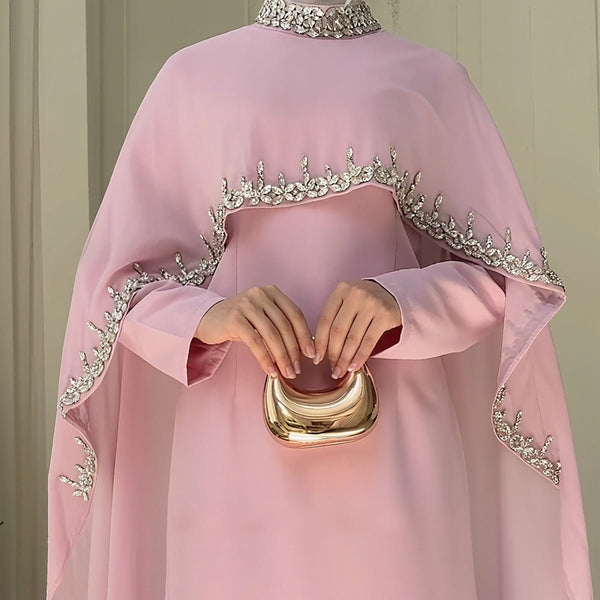 Celestial Rhinestone Abaya with Matching Cape | Luxury 2-Piece Evening Abaya Dress (MA251)