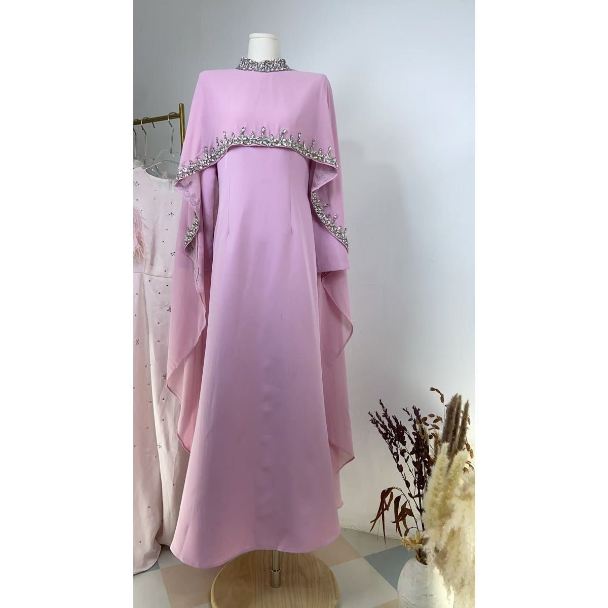 Celestial Radiance Abaya Collection |Modest Luxury Rhinestone Embellished Cape Shawl Dresses Evening Elegance. (MA251) - Mariam's Collection